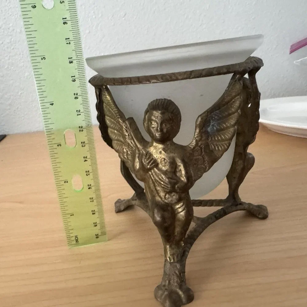 Vtg Antique Brass‎ Cherub Angel Plant Candle Orb Stand Holder Clawfoot Tripod